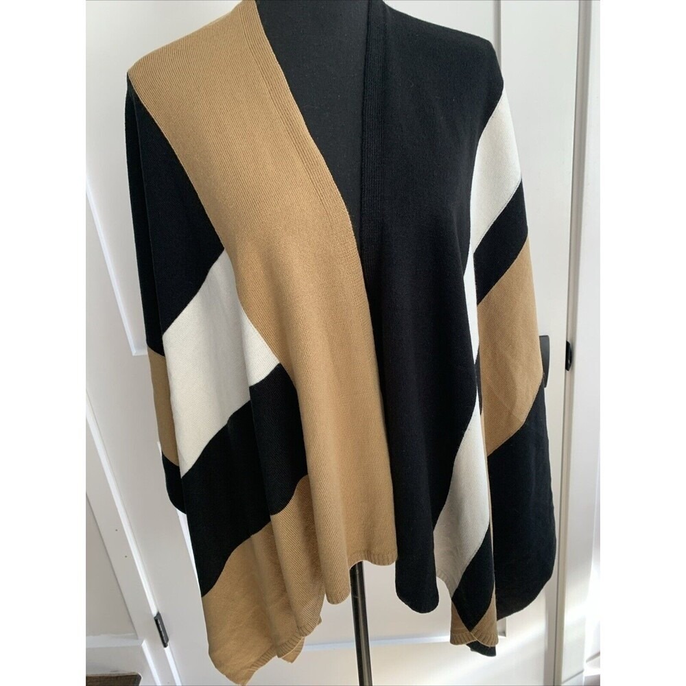 Parrish L.A Colorblock Knit Poncho Black Camel Cream Striped‎ Wrap OS PA281